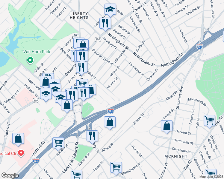 map of restaurants, bars, coffee shops, grocery stores, and more near 90 Cherrelyn Street in Springfield