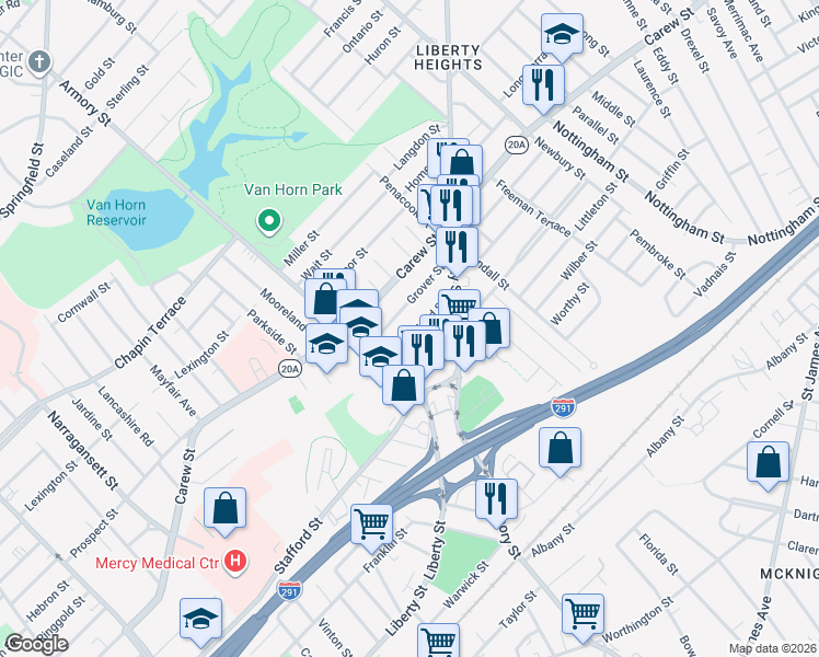 map of restaurants, bars, coffee shops, grocery stores, and more near 25 Cleveland Street in Springfield