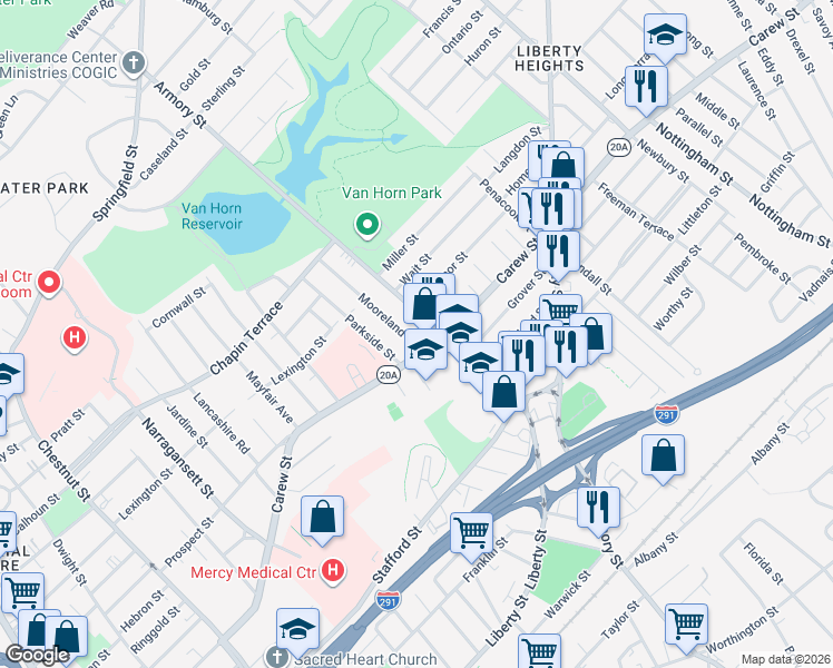 map of restaurants, bars, coffee shops, grocery stores, and more near 573 Carew Street in Springfield