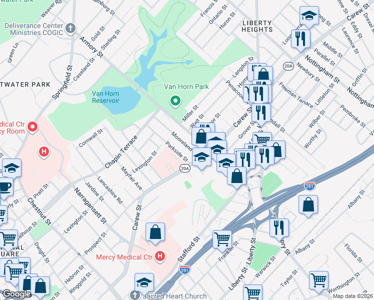 map of restaurants, bars, coffee shops, grocery stores, and more near 20 Parkside Street in Springfield