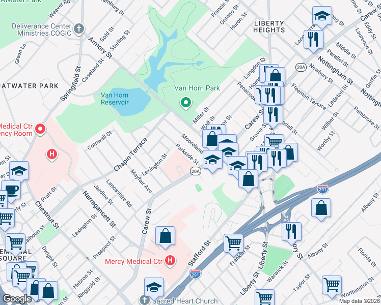map of restaurants, bars, coffee shops, grocery stores, and more near 20 Parkside Street in Springfield
