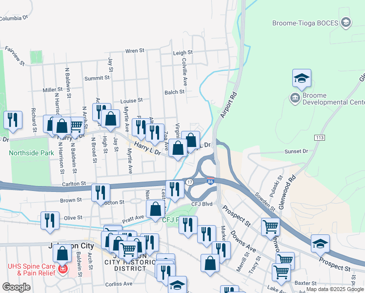 map of restaurants, bars, coffee shops, grocery stores, and more near 77 Harry L Drive in Johnson City