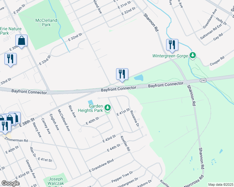 map of restaurants, bars, coffee shops, grocery stores, and more near 3850 Bird Drive in Erie