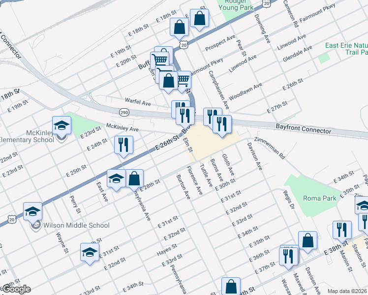 map of restaurants, bars, coffee shops, grocery stores, and more near 2754 Elm Street in Erie