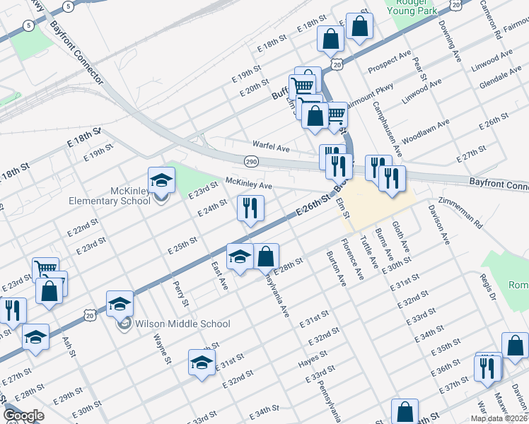 map of restaurants, bars, coffee shops, grocery stores, and more near 1139 East 26th Street in Erie