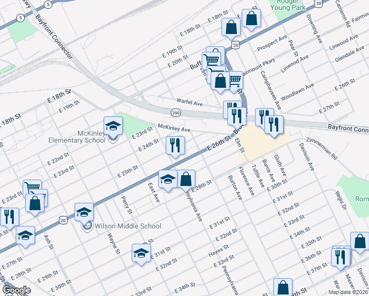 map of restaurants, bars, coffee shops, grocery stores, and more near 1139 East 26th Street in Erie