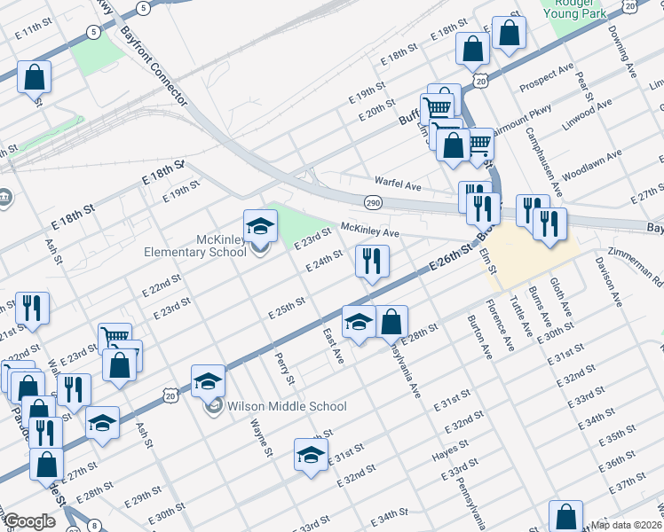 map of restaurants, bars, coffee shops, grocery stores, and more near 1039 E 25th St in Erie