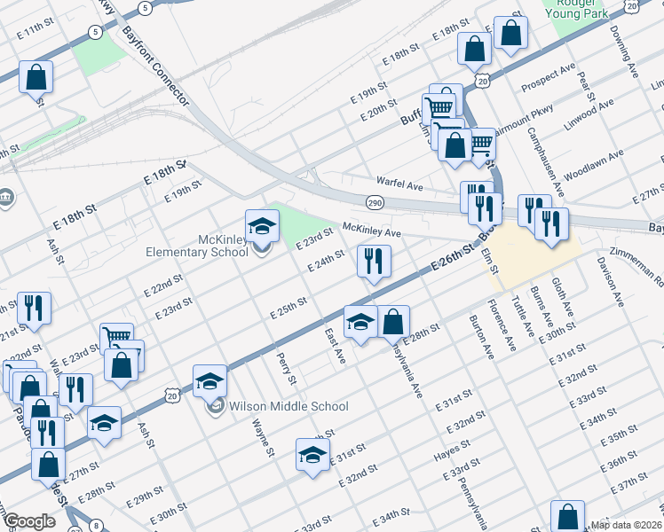 map of restaurants, bars, coffee shops, grocery stores, and more near 1039 E 25th St in Erie