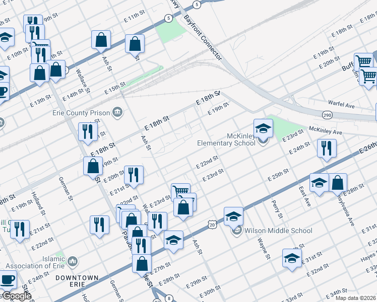 map of restaurants, bars, coffee shops, grocery stores, and more near 655 East 21st Street in Erie