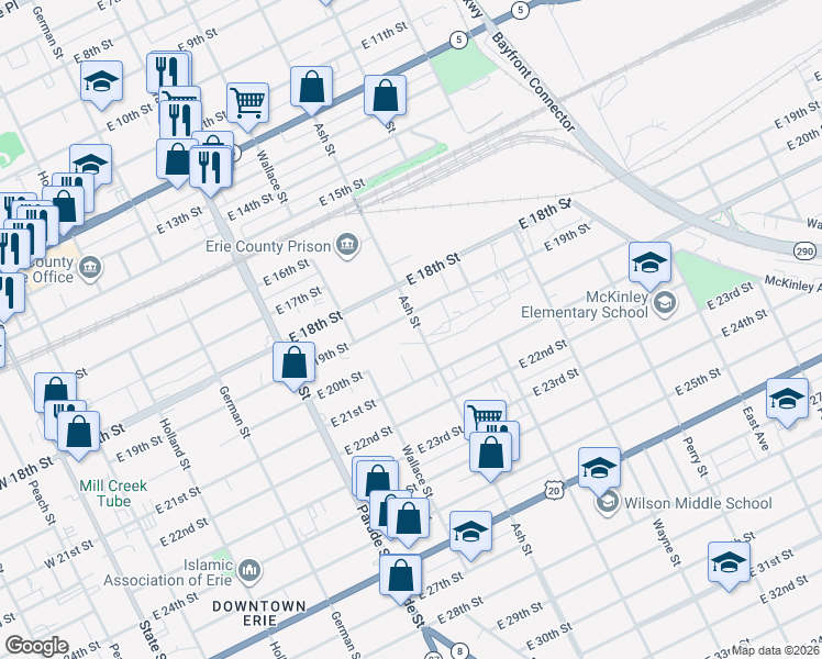map of restaurants, bars, coffee shops, grocery stores, and more near 2002 Ash Street in Erie