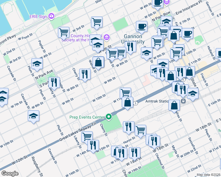 map of restaurants, bars, coffee shops, grocery stores, and more near 441 West 10th Street in Erie