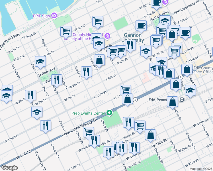 map of restaurants, bars, coffee shops, grocery stores, and more near 510 West 10th Street in Erie
