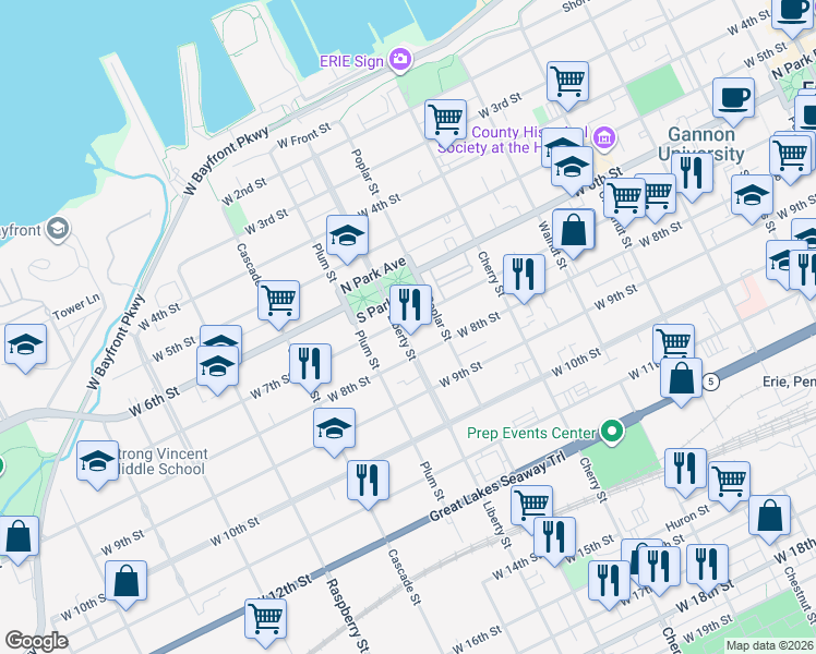 map of restaurants, bars, coffee shops, grocery stores, and more near 720 Liberty Street in Erie