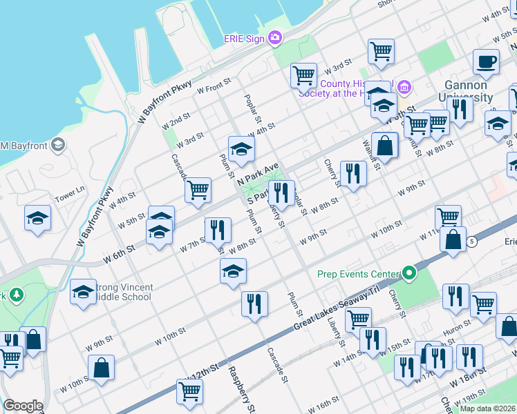 map of restaurants, bars, coffee shops, grocery stores, and more near 702 Plum Street in Erie