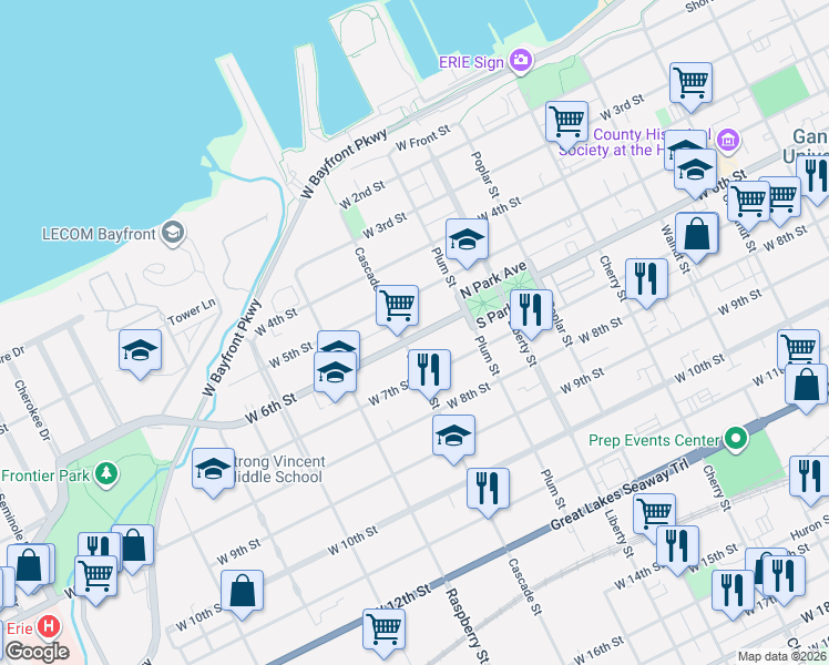 map of restaurants, bars, coffee shops, grocery stores, and more near in Erie