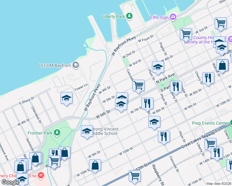 map of restaurants, bars, coffee shops, grocery stores, and more near 512 Raspberry Street in Erie