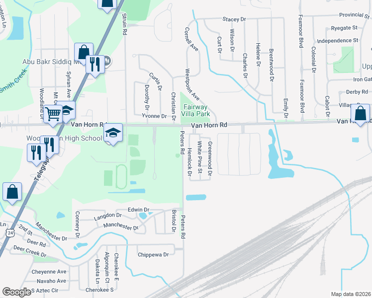 map of restaurants, bars, coffee shops, grocery stores, and more near 24103 Hemlock Drive in Flat Rock