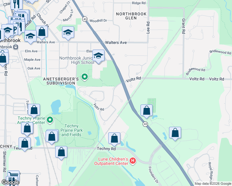 map of restaurants, bars, coffee shops, grocery stores, and more near 1430 Voltz Road in Northbrook