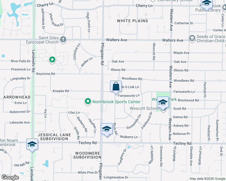 map of restaurants, bars, coffee shops, grocery stores, and more near 1722 Birch Road in Northbrook
