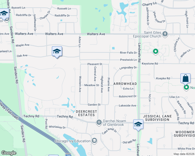 map of restaurants, bars, coffee shops, grocery stores, and more near 3484 Meadow Street in Northbrook