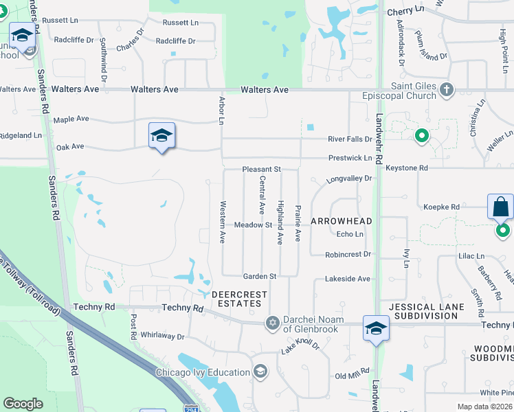map of restaurants, bars, coffee shops, grocery stores, and more near 3484 Meadow Street in Northbrook