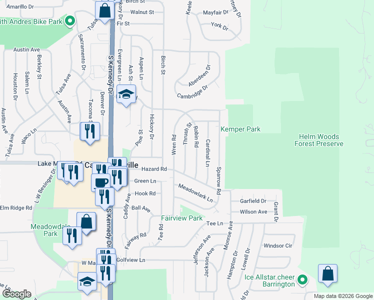 map of restaurants, bars, coffee shops, grocery stores, and more near 15 Thrush Rd in Carpentersville