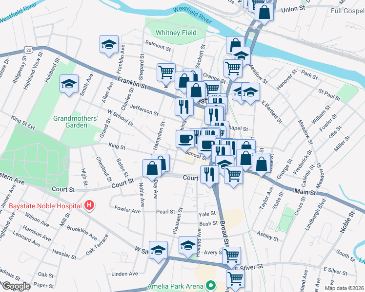 map of restaurants, bars, coffee shops, grocery stores, and more near 62 School Street in Westfield