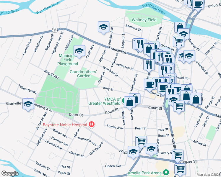 map of restaurants, bars, coffee shops, grocery stores, and more near 25 Bates Street in Westfield
