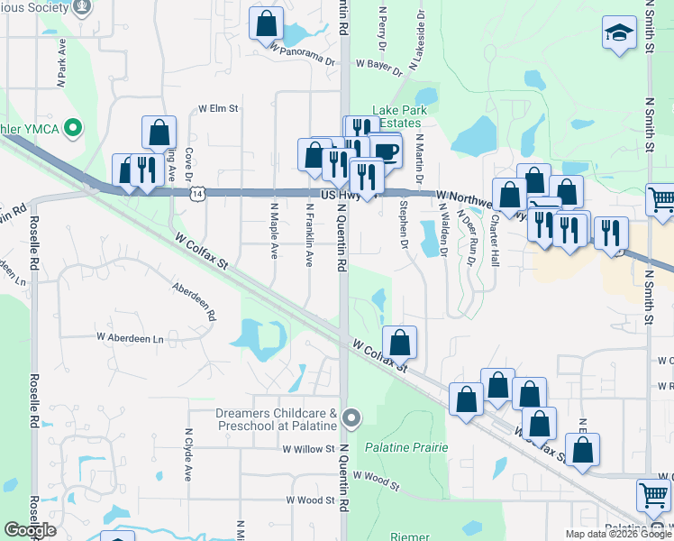 map of restaurants, bars, coffee shops, grocery stores, and more near 626 North Quentin Road in Palatine