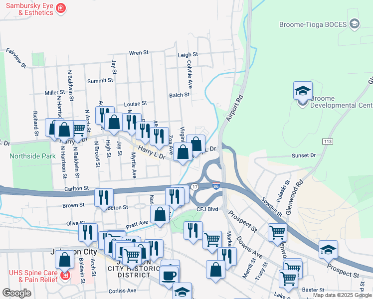 map of restaurants, bars, coffee shops, grocery stores, and more near 28 Virginia Avenue in Johnson City