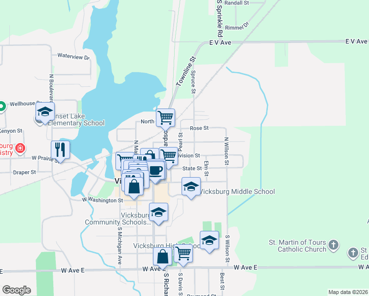 map of restaurants, bars, coffee shops, grocery stores, and more near 320 East Division Street in Vicksburg