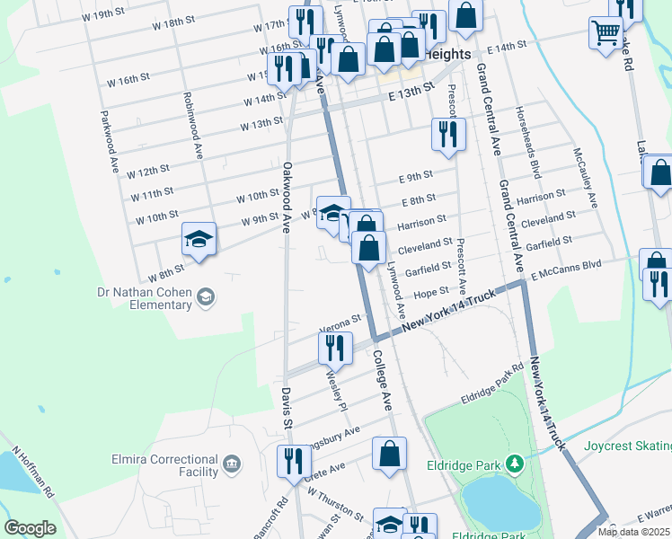 map of restaurants, bars, coffee shops, grocery stores, and more near 2083 College Avenue in Elmira Heights