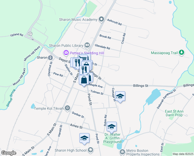 map of restaurants, bars, coffee shops, grocery stores, and more near 20 Maple Avenue in Sharon