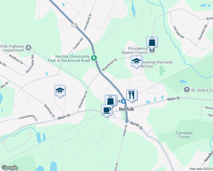 map of restaurants, bars, coffee shops, grocery stores, and more near 31 Rockwood Road in Norfolk