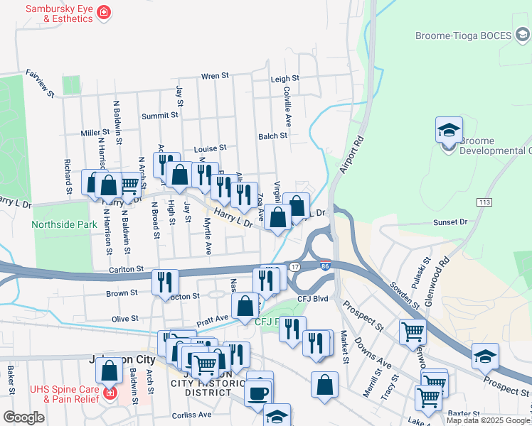 map of restaurants, bars, coffee shops, grocery stores, and more near 77 Harry L Drive in Johnson City