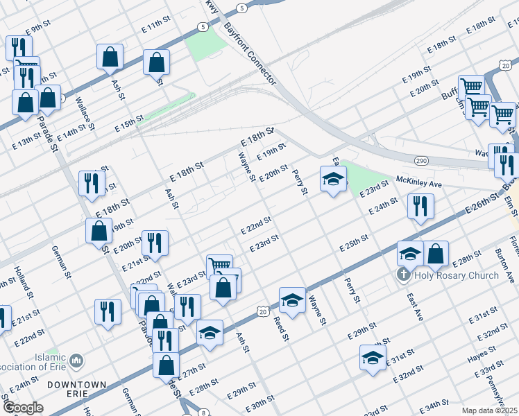 map of restaurants, bars, coffee shops, grocery stores, and more near 728 East 22nd Street in Erie
