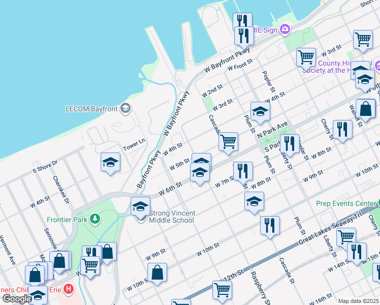 map of restaurants, bars, coffee shops, grocery stores, and more near 512 Raspberry Street in Erie