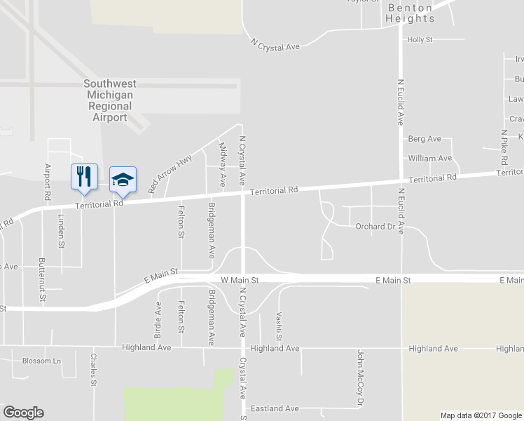 map of restaurants, bars, coffee shops, grocery stores, and more near 1716 Territorial Road in Benton Harbor