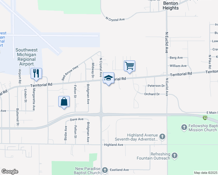 map of restaurants, bars, coffee shops, grocery stores, and more near 1716 Territorial Road in Benton Harbor