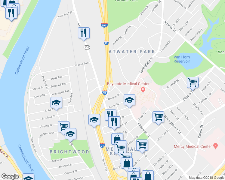 map of restaurants, bars, coffee shops, grocery stores, and more near 43 Eagle Street in Springfield