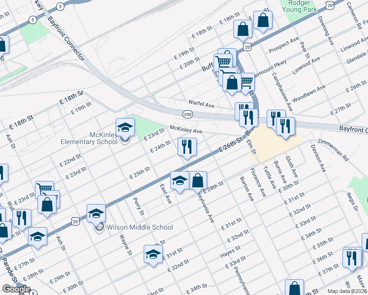 map of restaurants, bars, coffee shops, grocery stores, and more near 2511 Pennsylvania Avenue in Erie