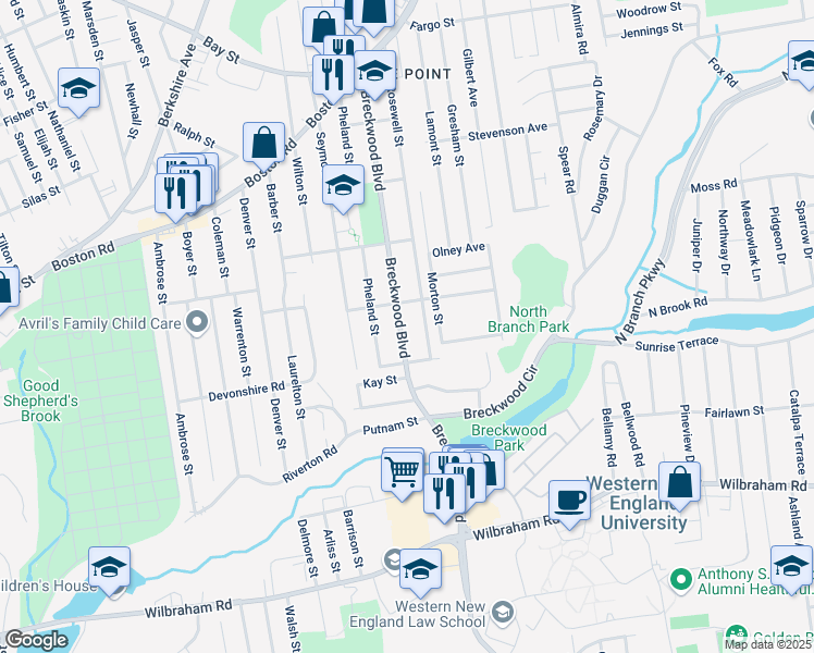 map of restaurants, bars, coffee shops, grocery stores, and more near 281 Breckwood Boulevard in Springfield