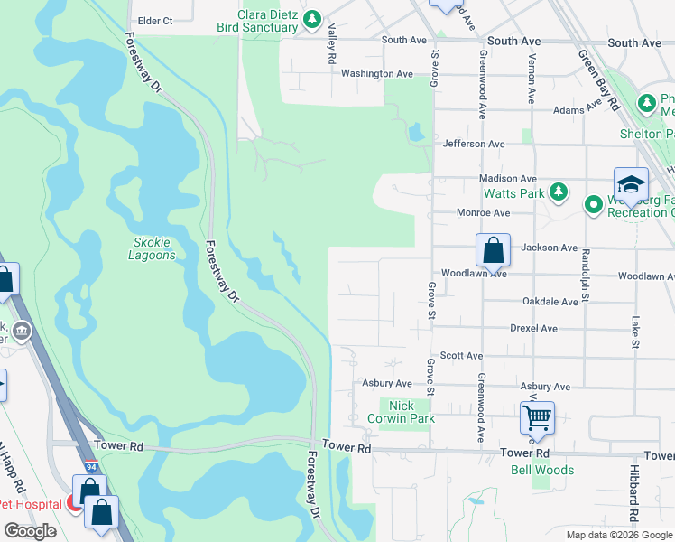 map of restaurants, bars, coffee shops, grocery stores, and more near 725 Redwood Lane in Glencoe