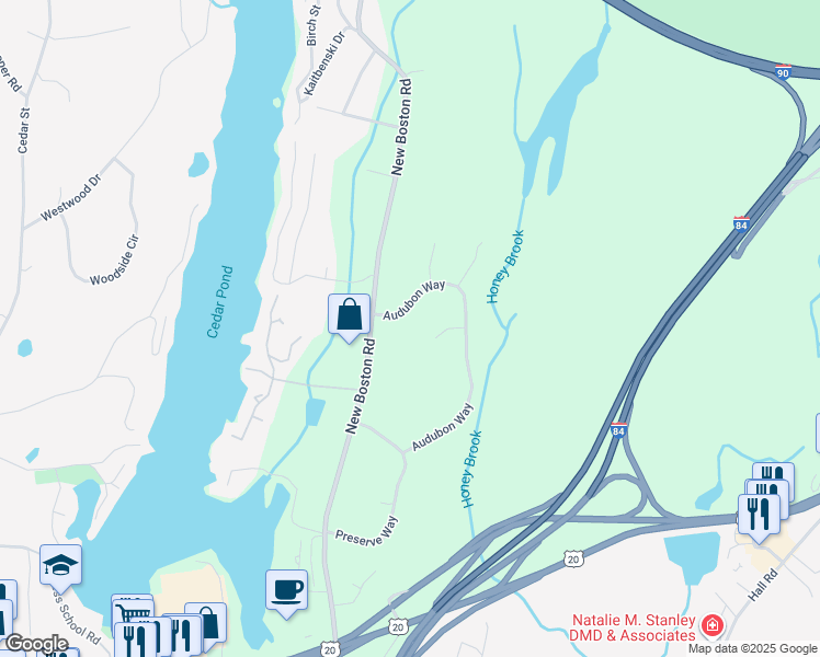 map of restaurants, bars, coffee shops, grocery stores, and more near 45 Audubon Way in Sturbridge