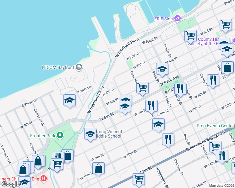 map of restaurants, bars, coffee shops, grocery stores, and more near 512 Raspberry Street in Erie