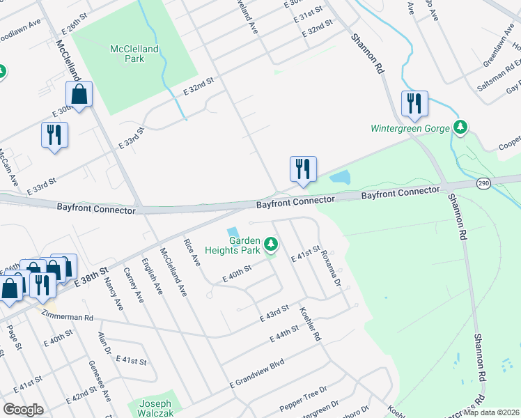 map of restaurants, bars, coffee shops, grocery stores, and more near SS East 38th Street in Erie