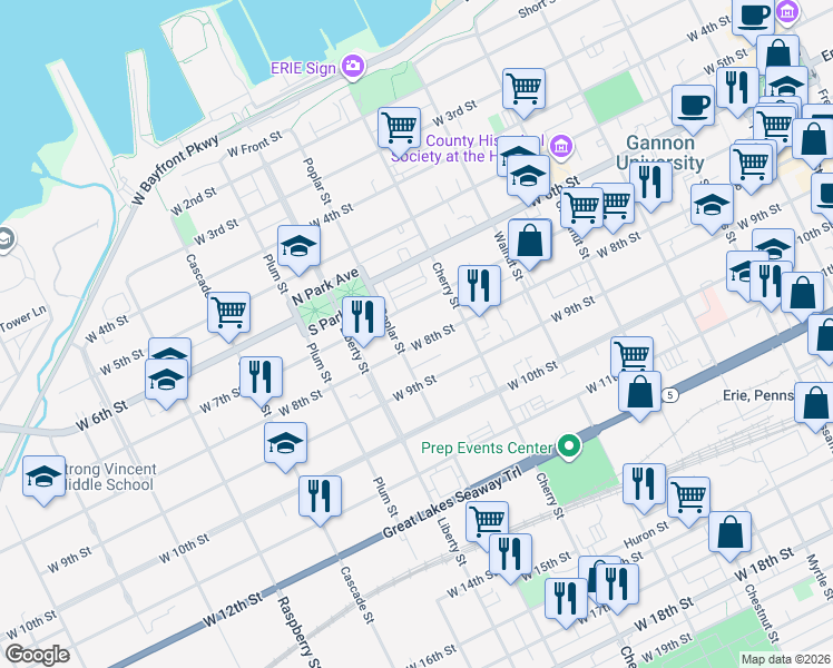 map of restaurants, bars, coffee shops, grocery stores, and more near 619 West 7th Street in Erie