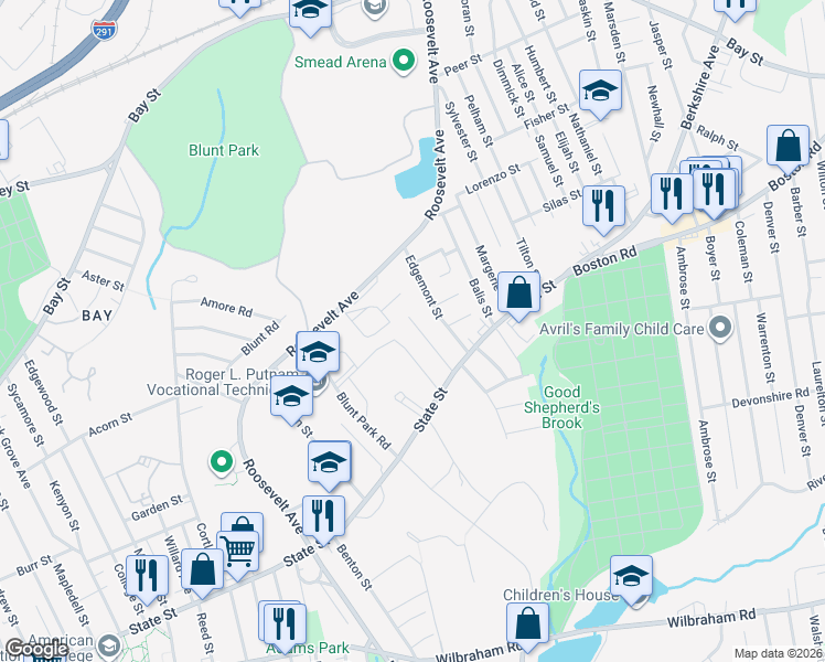map of restaurants, bars, coffee shops, grocery stores, and more near 62 Edgemont Street in Springfield