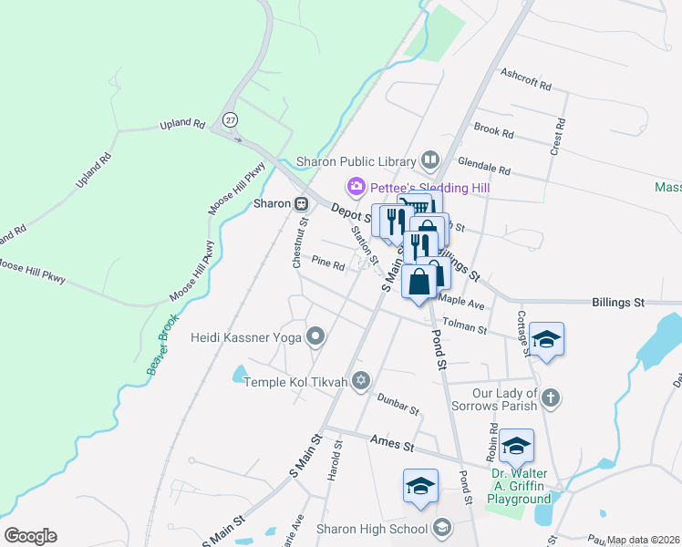 map of restaurants, bars, coffee shops, grocery stores, and more near 16 Forest Road in Sharon