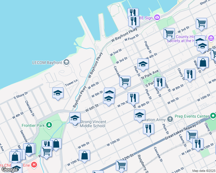 map of restaurants, bars, coffee shops, grocery stores, and more near 1058 West 5th Street in Erie